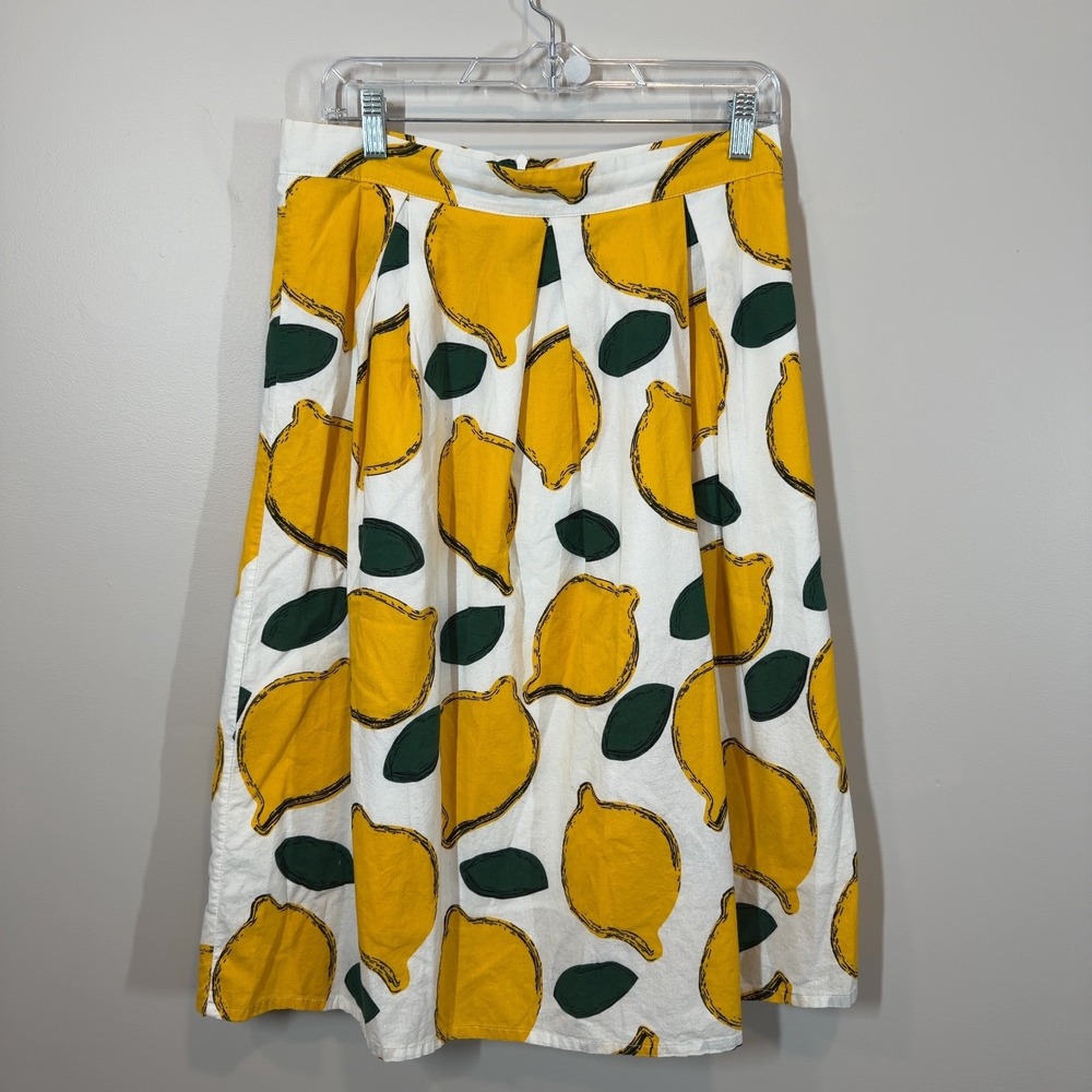 Chicwish Lemon Print Pleated Midi Skirt Yellow White Fruit Pattern Size Large